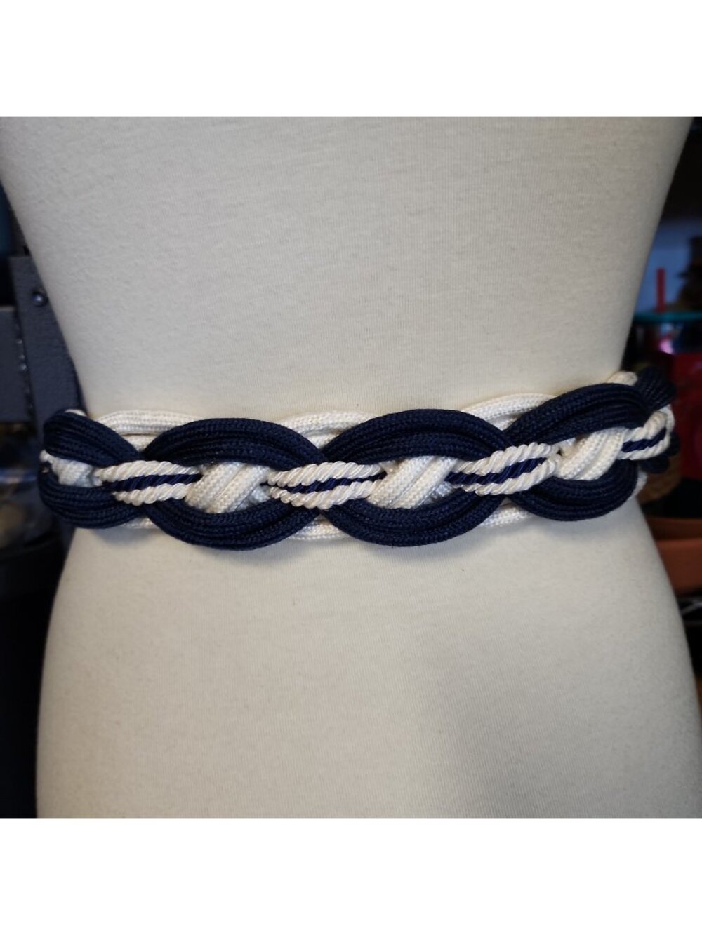 Vintage 90s Navy White Womens Braided Rope Nautical Belt Leather Shop Small 26"